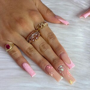 Pink French Tip with Colorful Spring Flowers Press On Nails|Nude Nails|Long Nails|French Tip Nails|Spring Nails|Luxury Nails|Glitter Nails