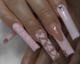 Pink Herzen Valentine Glitter Drücken Sie auf die Nägel Valentines Nägel|Lange Nägel|French Tip Nägel|Herz Nägel|Luxury Nägel|Bling Nägel|Pinke Nägel