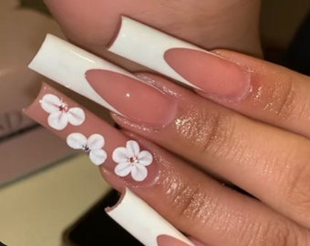White French Tip 3D Flower Press On Nails|Nude Nails|White Nails|French Tip Nails|Spring Nails|Luxury Nails|Flower Nails|Bling Nails|Bridal