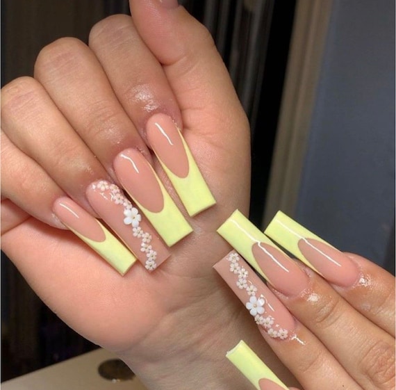 Long yellow acrylic nails with rhinestones  Yellow nails, Bling nails,  Square acrylic nails