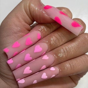 Matte Pink 3D Gradient Heart Press On Nails|Long Nails|Pink Nails|Luxury Nails|Heart Nails|Valentines Nails|Love Nails|Nude Nails