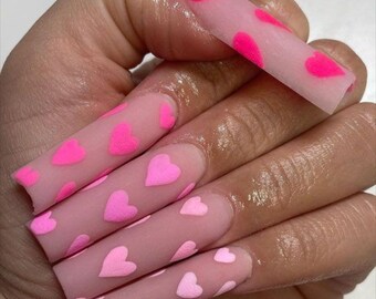 Matte Pink 3D Gradient Heart Press On Nails|Long Nails|Pink Nails|Luxury Nails|Heart Nails|Valentines Nails|Love Nails|Nude Nails