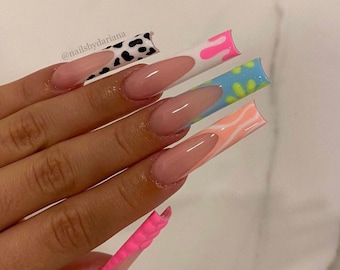 Mismatch French Press On Nails| Press On Nails| False Nails| Long Nails| French Tip Nails| Croc Nails| Cow Nails|Luxury Nails| Bling Nails