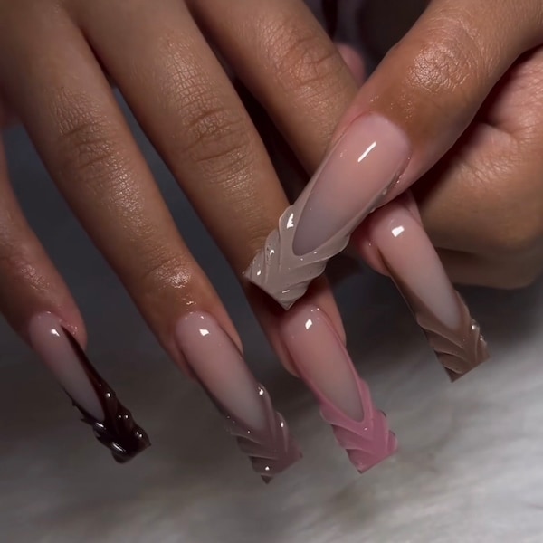 3D Nude Shades French Tip Press On Nails|Nude Nails|Long Nails|French Tip Nails|Fall Nails|Luxury Nails|Abstract Nails|Texture Nails