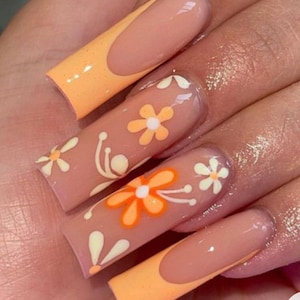 Orange French Tip with Colorful Spring Flowers Press On Nails|Nude Nails|Long Nails|French Tip Nails|Spring Nails|Luxury Nails|Flower Nails