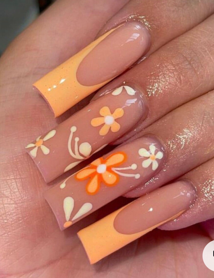 Brishow Künstliche Nägel Lang – French Design Mit Orangenblumen – 24 Stück – Ballerina-Form
