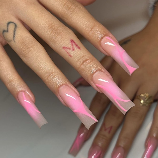 Pink Abstract Airbrush Press On Nails|Vacay Nails|Pink Nails|Airbrush Nails|Luxury Nails|Bling Nails|Spring Nails|Summer Nails