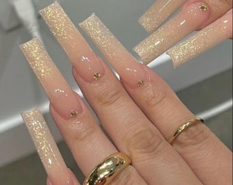 Gold Glitter Ombre Bling Press On Nails|Nude Nails|Long Nails|Glitter Nails|Sparkle Nails|Luxury Nails|Simple Nails|Gold Nails