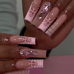 3D Pink Croc French Tip Press On Nails+Cross Charms|Press On Nails|Long Nails|French Tip Nails|Croc Nails|Luxury Nails|Bling Nails|Pink Nail