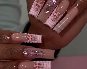 3D Pink Croc French Tip Press On Nails+Cross Charms|Press On Nails|Long Nails|French Tip Nails|Croc Nails|Luxury Nails|Bling Nails|Pink Nail