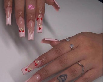 Pink and Red Heart Cherry French Tip Nails|Bling Nails|Pink Nails|Long Nails|Glitter Nails|Heart Nails|Valentine Nails|Red Nails|Glam Nails