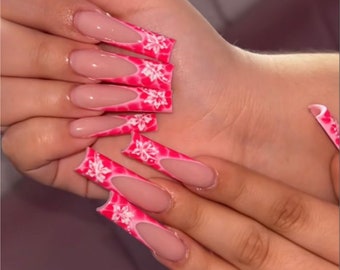 Pink Floral Croc French Tip Press On Nails|Croc Nails|Tie Dye Nails|Spring Nails|Luxury Nails|Bloom Nails|Tropical Nails|Flower Nails|Vacay