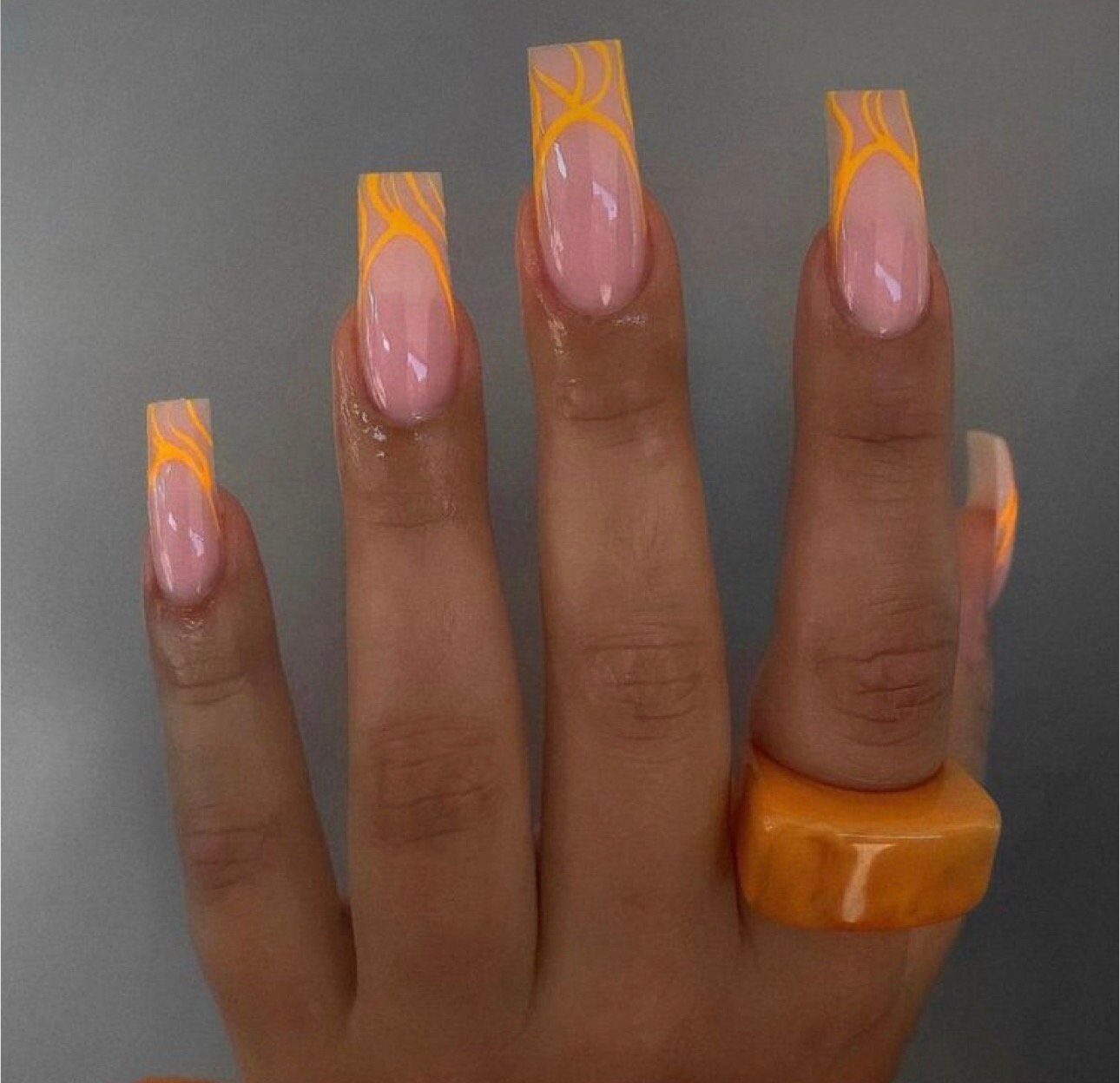 Orange French Tip with Swirls Press On Nails|Nude Nails|Long Nails|French Tip Nails|Spring Nails|Luxury Nails|Flower Nails|Summer Nails
