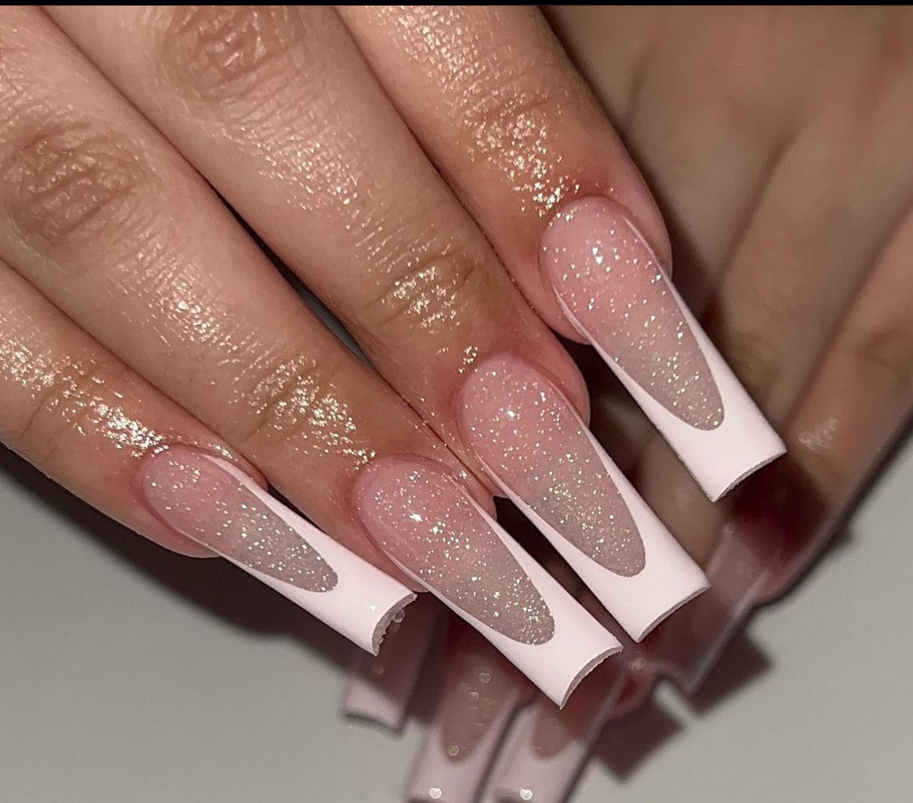 Pink Glitter French Tips with Glossy Finish
