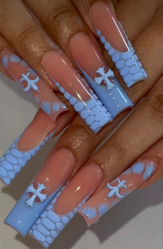 3D Blue Croc French Tip Press on Nails Charms Press on Nails Long Nails  French Tip Nails Croc Nails Luxury Nails Bling Nailstie Dye 