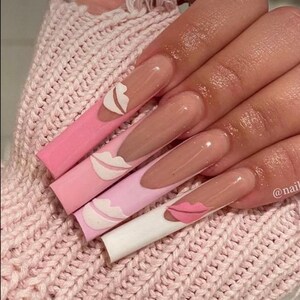 Pink Gradient Kissy Lips French Tip Press On Nails| Long Nails| French Tip Nails|Luxury Nails| Heart Nails|Valentines Nails