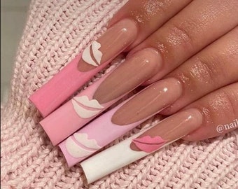Pink Gradient Kissy Lips French Tip Press On Nails| Long Nails| French Tip Nails|Luxury Nails| Heart Nails|Valentines Nails