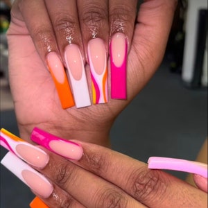 Orange and Pink French Tip Press On Nails|Summer Nails|French Tip Nails|Colorful Nails|Luxury Nails Bling Nails|Nude Nails|Spring Nails