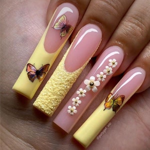 Spring Yellow French Tip Butterfly Press On Nails / Nude Nails / Long Nails / French Tip Nails / Spring Nails / Luxury Nails / Sugar Nails / Pastel Nails imagen 1