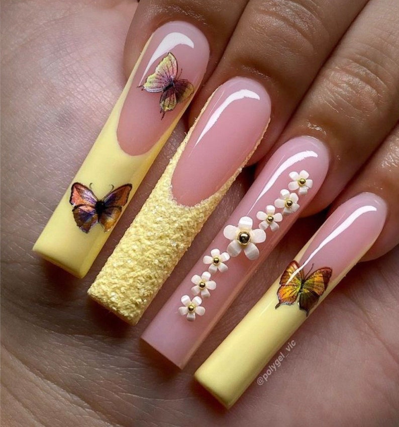 Spring Yellow French Tip Butterfly Press On Nails / Nude Nails / Long Nails / French Tip Nails / Spring Nails / Luxury Nails / Sugar Nails / Pastel Nails imagen 1