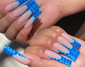 Blue Croc French Press On Nails| Press On Nails| Long Nails| French Tip Nails| Croc Nails| Luxury Nails| Bling Nails | Square Nails