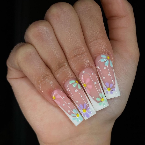 White French Tip Pastel Spring Floral Press On Nails|Easter Nails|Multicolor Nails|Colorful Nails|Spring Nails|Luxury Nails|Flower Nails