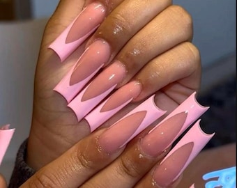 Pink French Tip Press On Nails|Pink Nails|French Tip Nails|Pink Nails|Spring Nails|V-Cut French Nails|Girly Nails|Long Nails|Soft Pink Nails