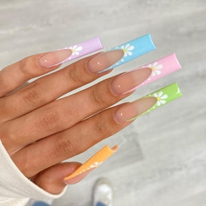 Pastel Multicolor Spring French Tip Floral Press On Nails|Nude Nails|Long Nails|French Tip Nails|Spring Nails|Luxury Nails|Easter Nails