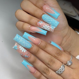 Blue French Tip with Colorful Spring Flowers Press On Nails|Nude Nails|Long Nails|French Tip Nails|Spring Nails|Luxury Nails|Glitter Nails