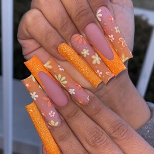 Orange Glitter French Tip with Colorful Spring Flowers Press On Nails|Nude Nails|Long Nails|French Tip Nails|Spring Nails|Luxury Nails