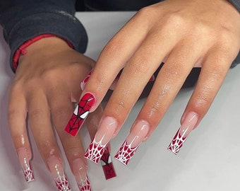 Rood spinnenweb met Franse punt op de nagels drukken|Spidermannagels|Franse puntnagels|Luxe nagels|Spinnenvrouwnagels|Roze nagels|Oktobernagels|Webben