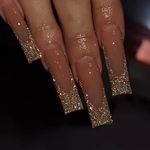 Gold Reflective Glitter French Tip Press On Nails|Nude Nails|Long Nails|French Tip Nails|Nails|Luxury Nails| Bling Nails|Diamond Gel Polish