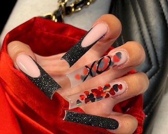 Black Glitter French Tip Heart Press On Nails| Valentines Nails| Long Nails| French Tip Nails| Heart Nails| Luxury Nails| Bling Nails