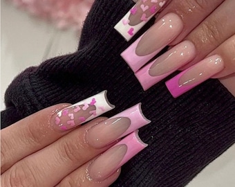 Pink Gradient Heart French Tip Press On Nails|Pink Nails|French Tip Nails|Luxury Nails|Heart Nails|Valentines Nails|Gradient Nails
