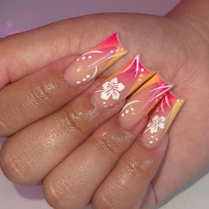 Pink+Yellow Floral French Tip Press On Nails||Airbrush Nails|Summer Nails|Luxury Nails|Bloom Nails|Tropical Nails|Flower Nails|Vacay Nails