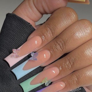 Pastel Spring French Tip Butterfly Press On Nails Nude Nails Long Nails French Tip NailsSpring NailsLuxury NailsEaster NailsColorful image 2