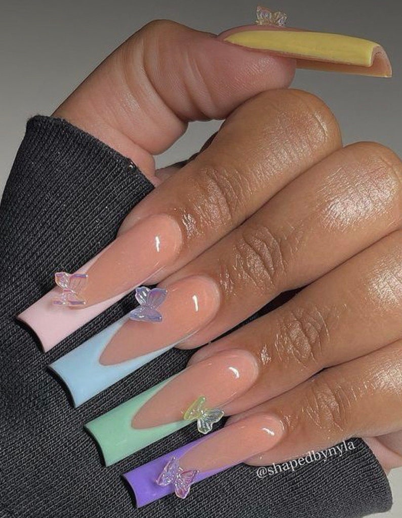 Pastel Spring French Tip Butterfly Press On Nails Nude Nails Long Nails French Tip NailsSpring NailsLuxury NailsEaster NailsColorful image 2