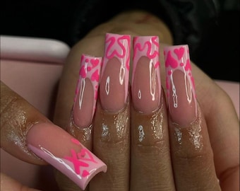 Pink 3D Heart French Tip Press On Nails|Long Nails|Pink Nails|Luxury Nails|Heart Nails|Valentines Nails|Love Nails|Nude Nails|Hot Pink Nails