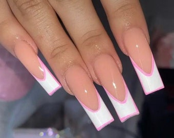 White French Tip with Pink Outline Press On Nails| Long Nails| French Tip Nails|Luxury Nails| Pink Nails|Valentines Nails| White Nails