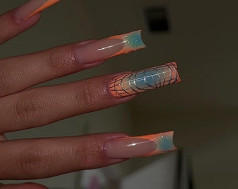 Neon Orange & Blue French Tip Press On Nails|Vacay Nails|Long Nails|Airbrush Nails|Luxury Nails|Bling Nails|Summer Nails|Aura Nails