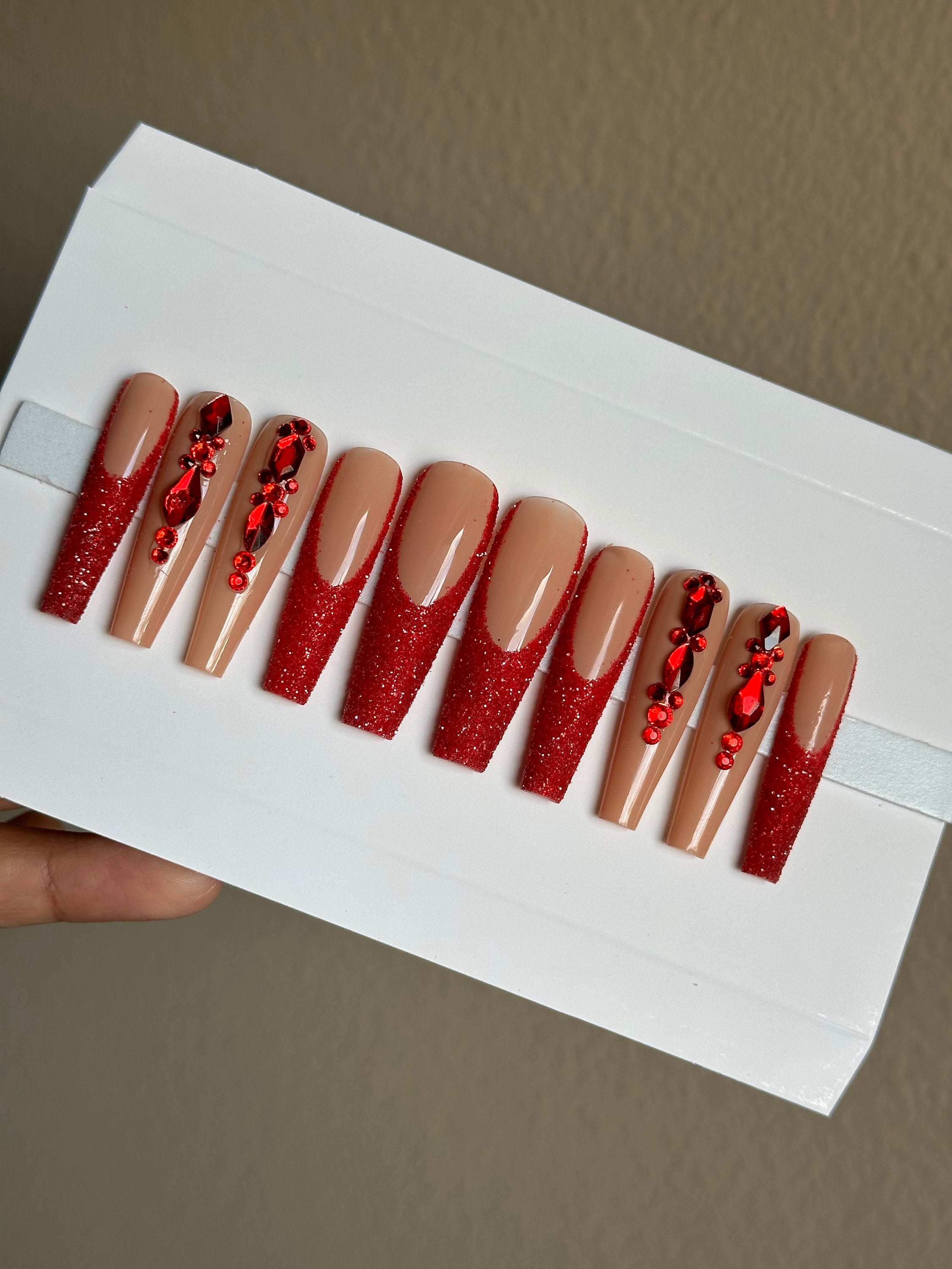 Red Glitter French Tip Nails Bling Nails Nude Nails Long Nails