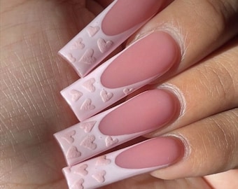 Pink French Tip 3D Heart Press On Nails| Long Nails| French Tip Nails|Luxury Nails|Heart Nails|Valentines Nails|Pink Nails|Nude Nails