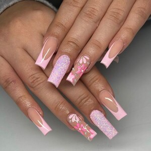 Pink French Tip with Colorful Spring Flowers Press On Nails|Nude Nails|Long Nails|French Tip Nails|Spring Nails|Luxury Nails|Glitter Nails