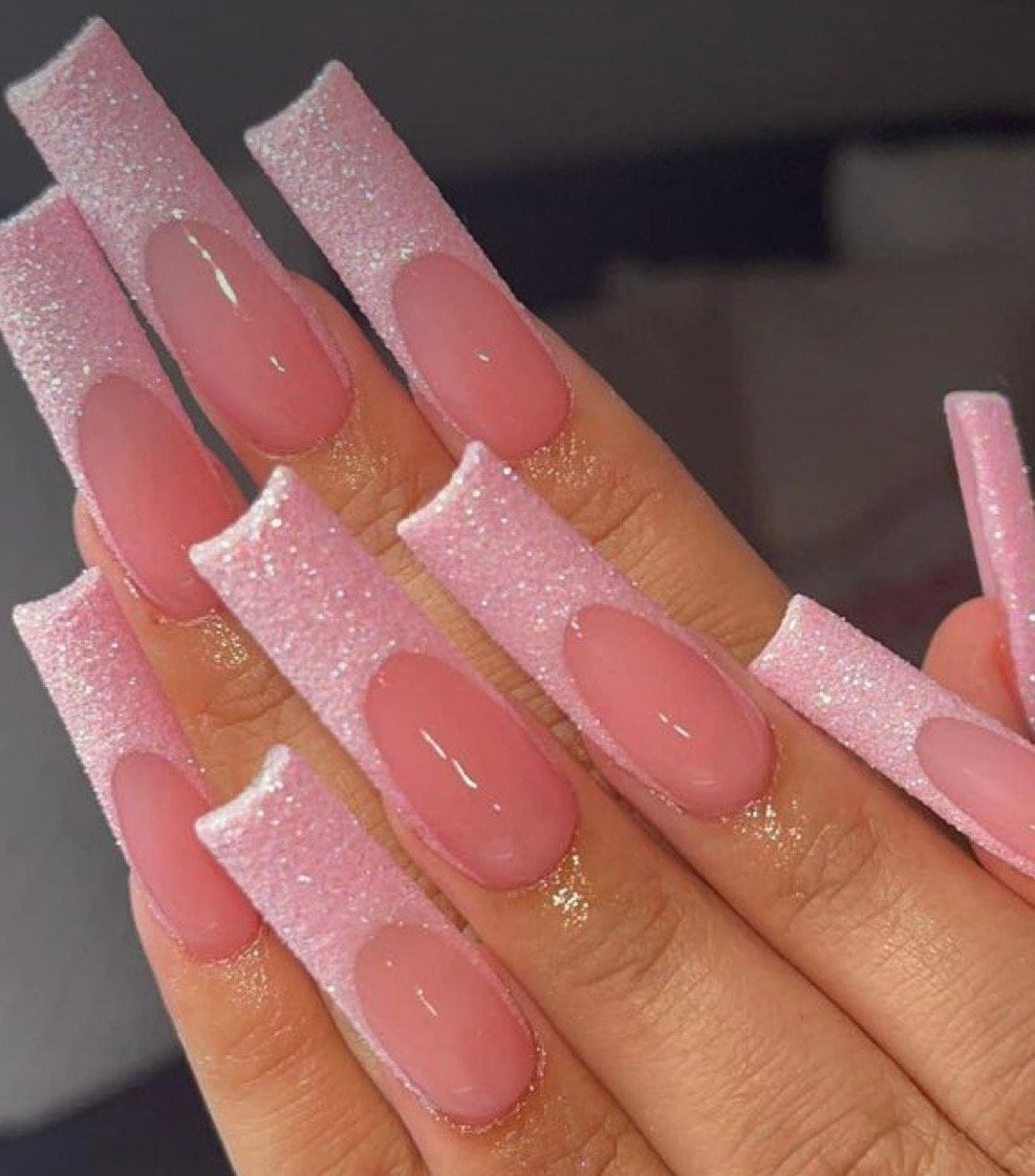 Pink Glitter French Tips with Glossy Finish