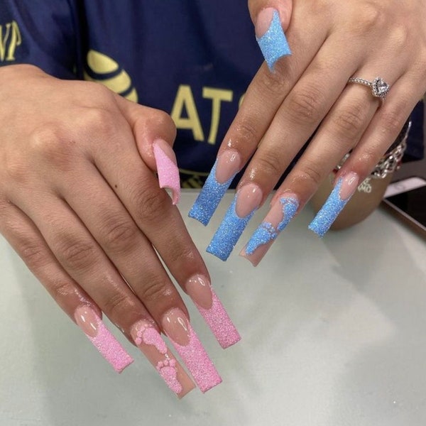 Pink and Blue Gender Reveal Glitter French Tip Press On Nails| Baby Shower Nails| French Tip Nails|Pink Nails|Luxury Nails| Blue Nails