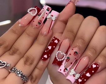 Pink and Red Heart French Tip Nails|Bling Nails|Pink Nails|Berry Nails|Glitter Nails|Heart Nails|Valentine Nails|Red Nails|Glam Nails