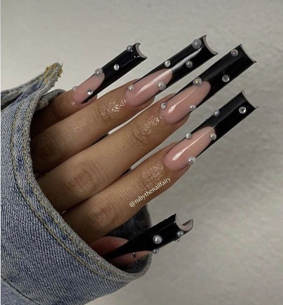 Black French Tip Pearl and Rhinestone Press on Nails Black Nails Long Nails  French Tip Nails Pearl Nails Luxury Nails Bling Nails 