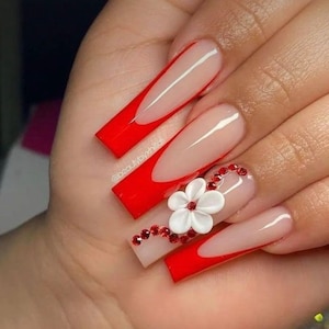 Red French Tip Spring 3D Flower Press On Nails|Nude Nails|Long Nails|French Tip Nails|Spring Nails|Luxury Nails|Flower Nails|Bling Nails