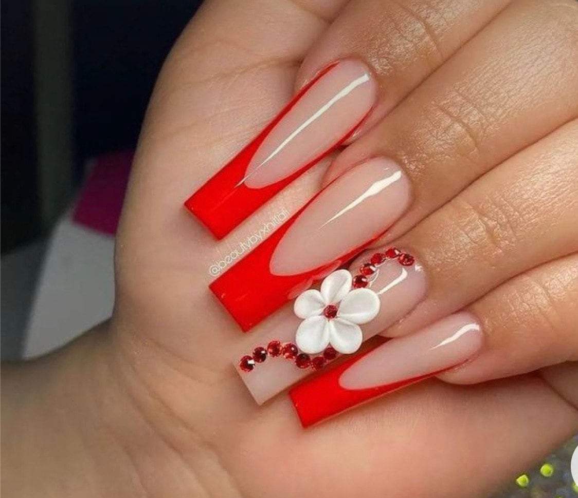 Red French Tip Spring 3D Flower Press On Nails|Nude Nails|Long Nails|French Tip Nails|Spring Nails|Luxury Nails|Flower Nails|Bling Nails