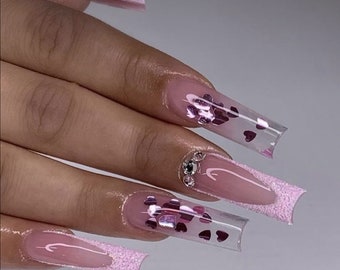 Pink Glitter French Tip Heart Press On Nails|Long Nails|French Tip Nails|Luxury Nails|Heart Nails|Valentines Nails|Pink Nails